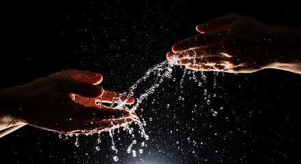 Hands Interacting with Water: Dynamic Splash Against Black Background, Artistic Concept.