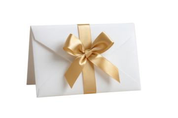 Elegant white envelope with golden ribbon bow