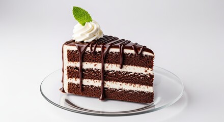Delicious Chocolate Layer Cake With Cream and Mint Garnish