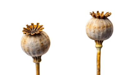 Two dried poppy seed pods isolated on transparent background, close up studio shot