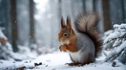 A squirrel gathering nuts in a snow-covered forest, snow gently falling from the trees