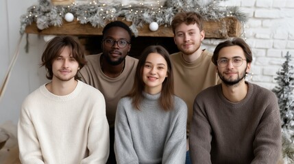A diverse group of young professionals sits together, smiling and sharing ideas in a warmly lit, festive environment. The charm of winter surrounds them as they collaborate