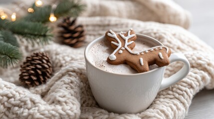 Fototapeta premium Festive Christmas Drink with Gingerbread Reindeer Cookie and Cozy Knit Blanket for Holiday Season