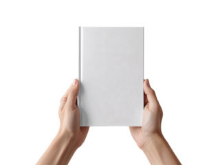 Hands holding blank white book cover mockup