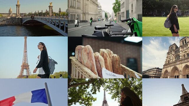 Collage of video highlights of Paris. A walk through the tourist capital of France, architecture and cityscape, travel and tourism in Europe.