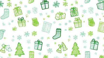 Festive Christmas Seamless Pattern with Green and Turquoise Holiday Elements on White Background