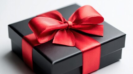 Obraz premium Elegant Black Gift Box Tied with a Vibrant Red Ribbon, Perfect for Holiday Celebrations