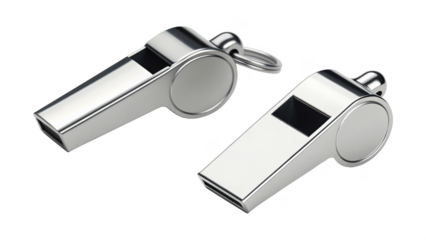 Two metal whistles isolated on transparent background, silver color, close up shot