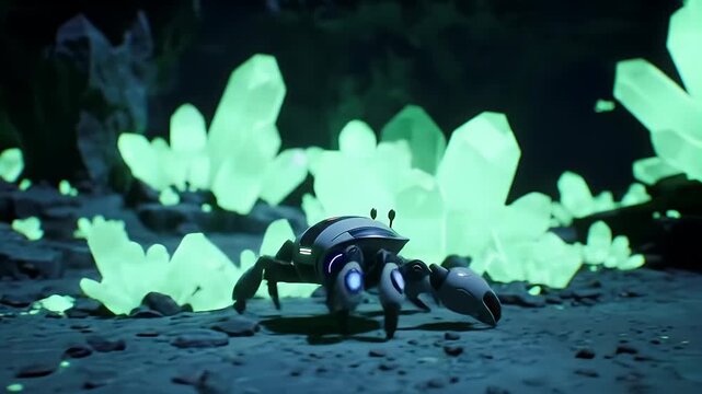 Robotic Crab in Alien Landscape with Crystals: Futuristic Technology