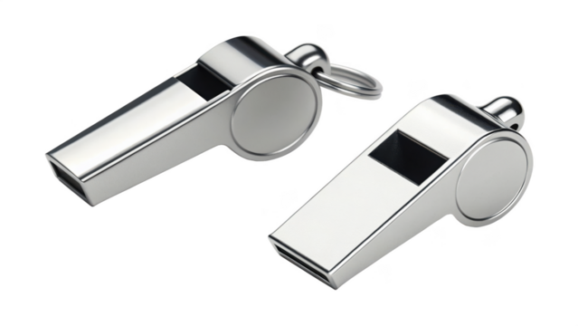 Two metal whistles isolated on transparent background, silver color, close up shot