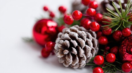 Festive Christmas Arrangement with Pine Cones, Red Berries, Bauble and Evergreen Sprigs on White Background