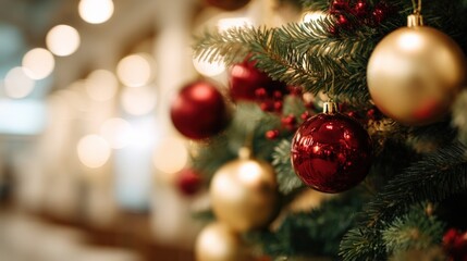 Obraz premium Festive Christmas Tree Ornamentation with Red and Gold Baubles Displaying Holiday Season Celebration