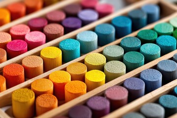 Close up of colorful crayon tips arranged neatly in wooden box