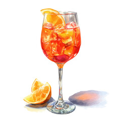 Aperol Spritz watercolor vector, hand-painted style, high-quality illustration isolated on white background.