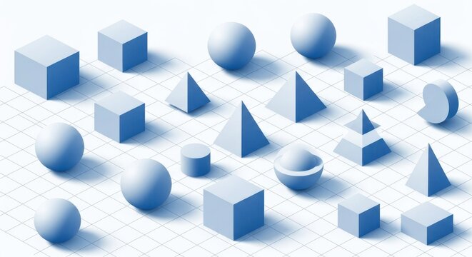A collection of geometric shapes on a grid background.