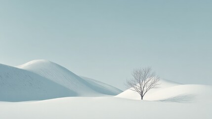 Minimalist Winter Landscape with Snow-Covered Hills and a Solitary Tree, Evoking Serenity and Tranquility
