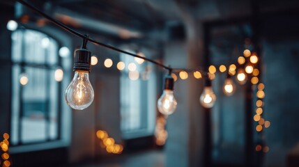 Fototapeta premium String Lights Illumination: Warm Glowing Bulbs Decorating an Indoor Space with Window Background