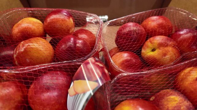 Fresh, ripe nectarines in clear plastic trays with red mesh netting, ready for grocery retail, promoting healthy eating choices and fresh fruit