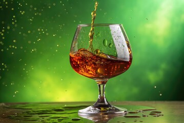 Refreshing Drink Splashes in a Glass on a Wooden Table With Green Background