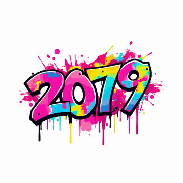 Graffiti style numbers 2079 with vibrant paint splatters and drips on white background year new year