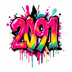 Vibrant Graffiti Art Number 2091 with Splatters and Drips on White Background numeral