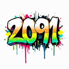 Graffiti Style Number 2091 with Orange Yellow Green Gradient and Paint Splatters numeral