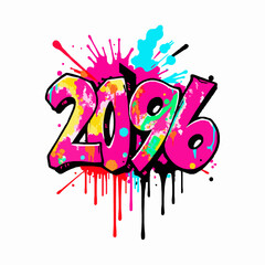 Graffiti numbers 2096 with pink and yellow paint splatters and drips on white background digits year