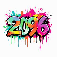Graffiti numbers 2096 with multi-colored paint splatters and drips on white background digits year