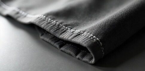 Close up of a t shirt hem and stitching detail, highlighting quality craftsmanship and fine threads. Macro shot focusing on the clean, precise stitching of a t shirt hem. The texture of the cotton