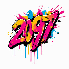 Bold Graffiti Numbers 2097 In Pink And Yellow With Paint Splatters And Drips Keywords: 2097, graffiti, numbers, year, future, modern, urban, art, spray paint, paint splatter
