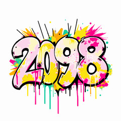 Graffiti Style Numbers 2098 With Pink Yellow And Teal Paint Splatters And Drips Keywords: 2098, graffiti, numbers, year, future, modern, urban, art, spray paint, paint splatter