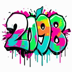 Graffiti Art Numbers 2098 With Bright Green Teal And Pink Paint Splatters Keywords: 2098, graffiti, numbers, year, future, modern, urban, art, spray paint, paint splatter