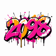 Graffiti style numbers 2098 with pink orange and black paint splatters and drips urban