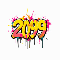 Graffiti numbers 2099 with yellow pink and teal paint splatters and drips urban