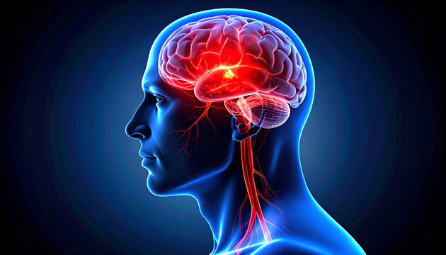 Side profile of human head with semi-transparent brain overlay highlighting blocked artery area in red, realistic lighting, concept of ischemic stroke awareness