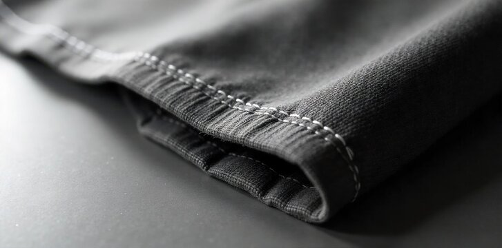 Close up of a t shirt hem and stitching detail, highlighting quality craftsmanship and fine threads. Macro shot focusing on the clean, precise stitching of a t shirt hem. The texture of the cotton