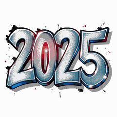 Graffiti style number 2025 with blue and red accents and black paint splatters Keywords: 2025, graffiti, numbers, digits, numeral, year, date, count, quantity, celebration