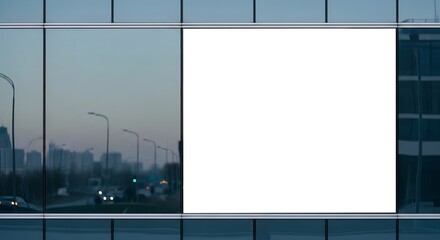 Blank Billboard on Modern Glass Building Reflecting Cityscape at Dusk