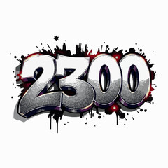 Metallic graffiti number 2300 with black and red splatters and drips urban art street art