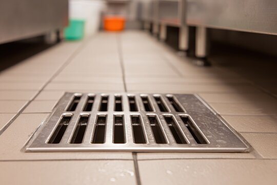 Close up view of a metallic industrial floor drain