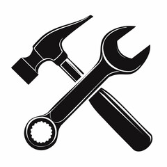 Black silhouette of a hammer and wrench crossed isolated on white background