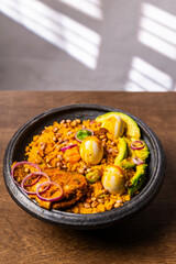 Eto with Groundnut and Avocado, Mashed Ripe Plantain Mixed With Palm Oil, Onions, and roasted groundnuts, Africa Ghana Traditional Dish