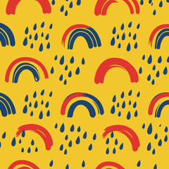 Fototapeta premium Abstract rainbow and raindrop pattern on a mustard yellow background. Colorful, hand-drawn design with a playful, graphic style.