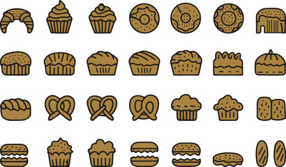 Drawn Bakery Icon Set Bread, Cupcake, Donut, Pretzel, Muffin, and Pastry Collection.