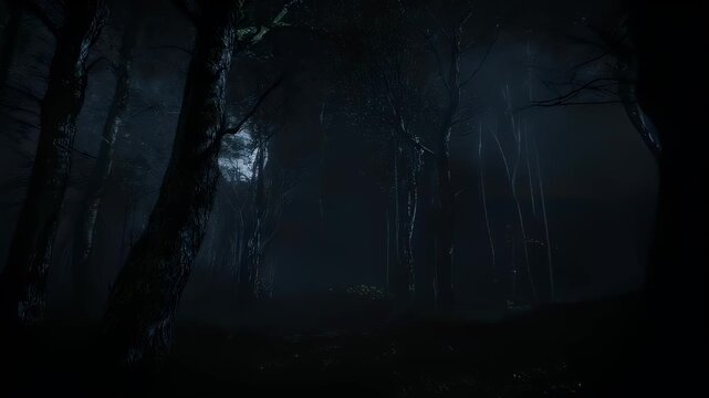 Dark, misty forest scene with towering trees and a pervasive gloom