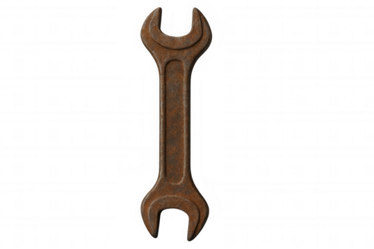 Rusty double open ended wrench symbolizing repair, old tools, maintenance and vintage industrial equipment, isolated