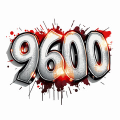 Graffiti number 9600 with red and orange paint splatters Keywords: 9600, graffiti, numbers, digits, numeral, spray paint, art, design, illustration, graphic, urban, style