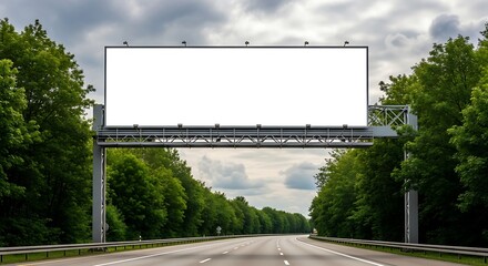 Blank Billboard Over Highway Surrounded by Lush Green Trees Under Cloudy Sky