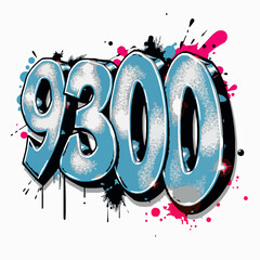 Graffiti style number 9300 with blue and pink paint splatters and drips urban