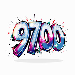 Graffiti style number 9700 with blue and pink paint splatters and drips urban